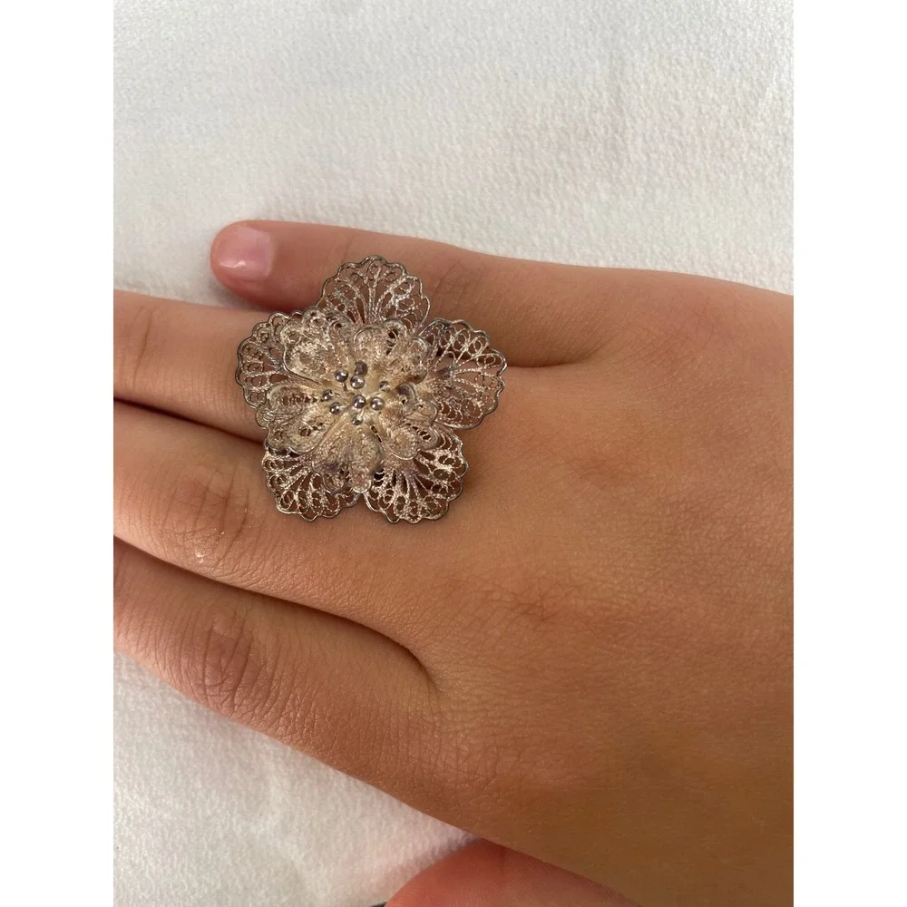 925 Sterling Silver Filigree Flower Statement Ring Wide Mesh Band Floral Size 7